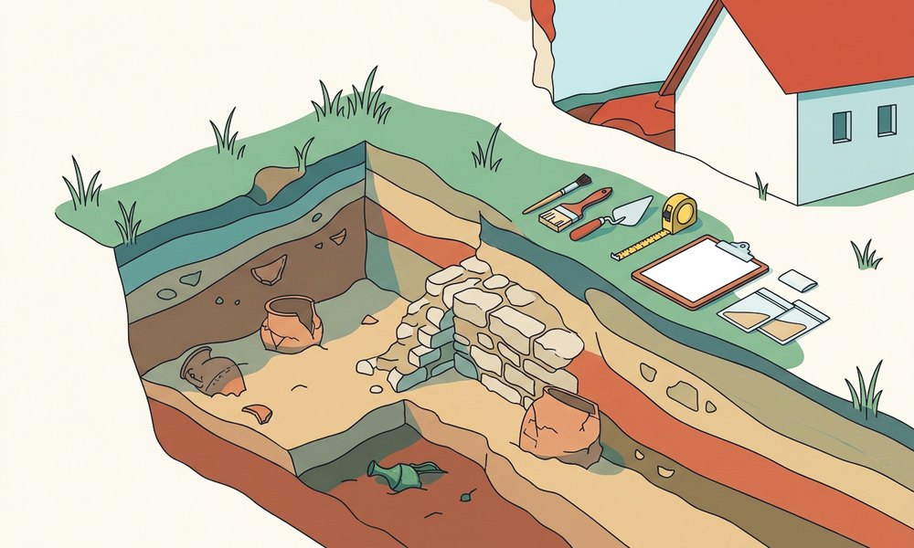 Archeologická sonda — vrstvy půdy, střepy keramiky a zbytek kamenné zdi