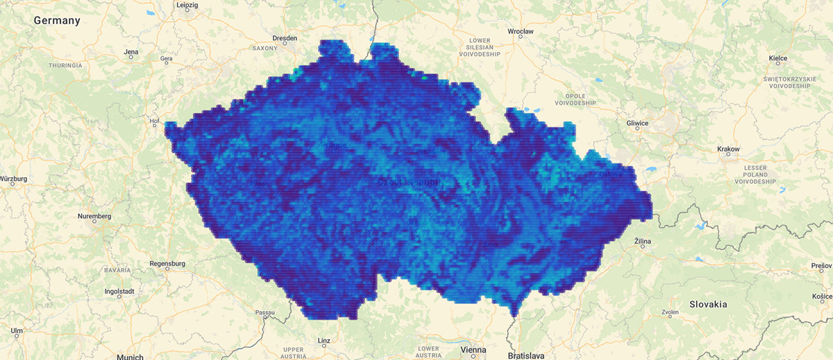 Mapa rychlosti větru v Česku