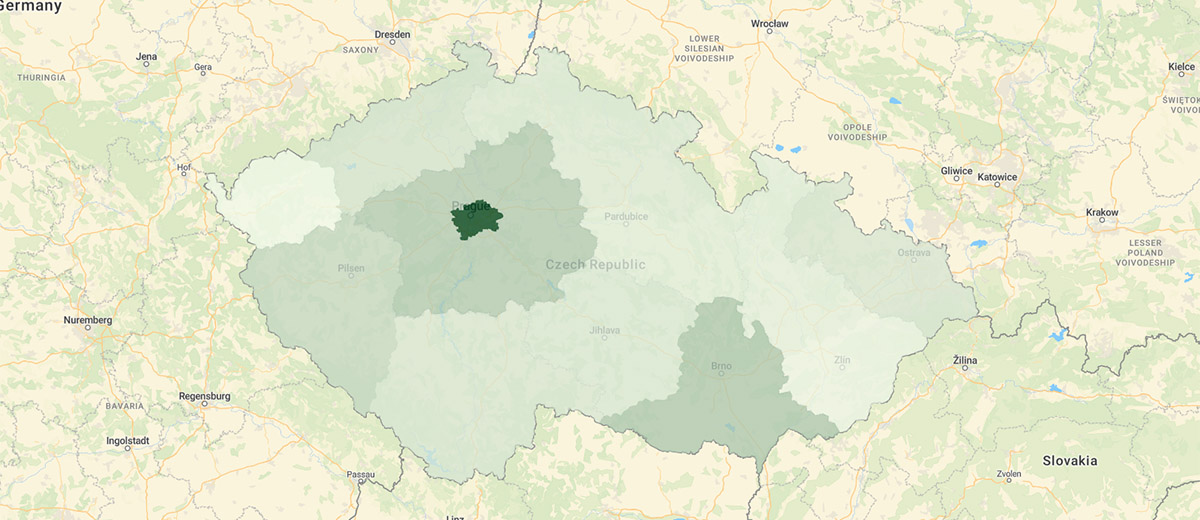Mapa průměrné hrubé mzdy v Česku podle krajů