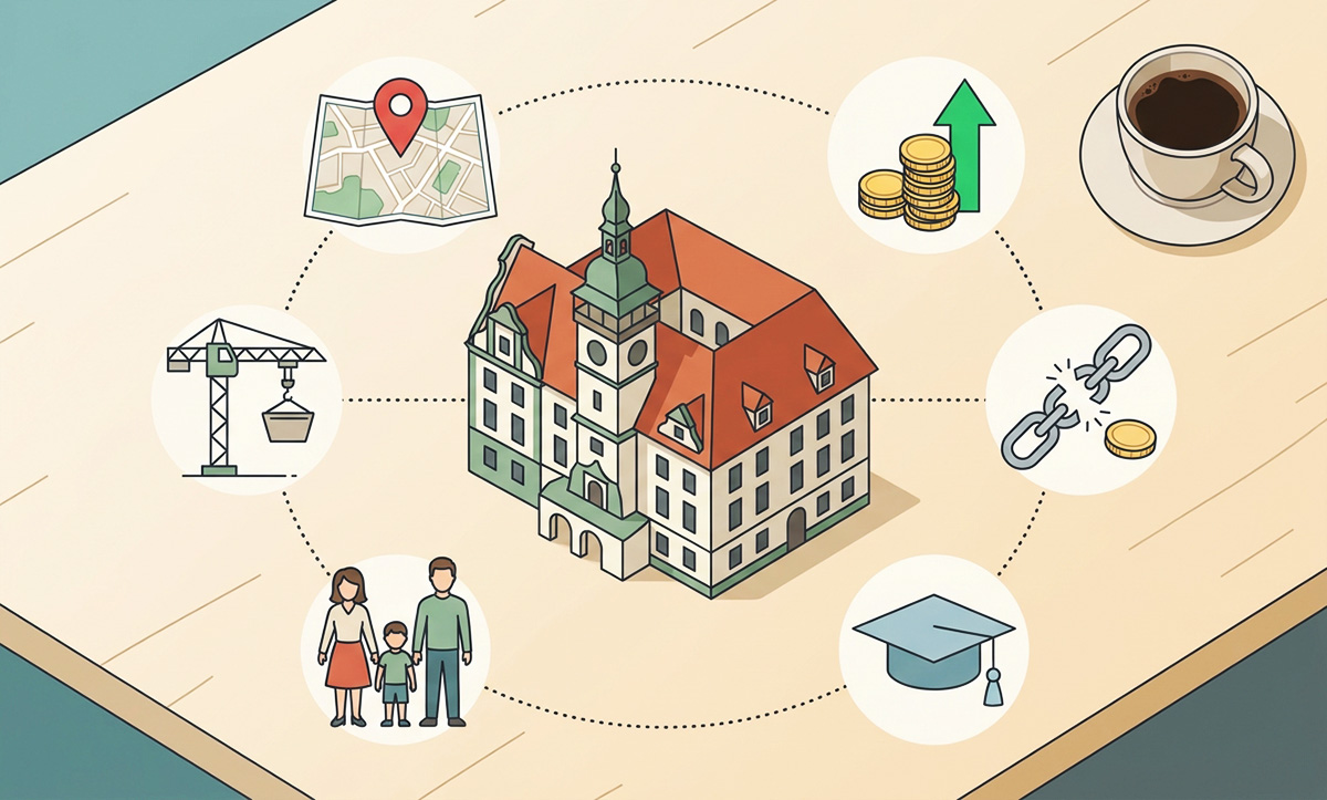 Mapa Prahy ve středu a kolem ní tři soustředné prstence obcí s ikonami školky, vlaku a domu