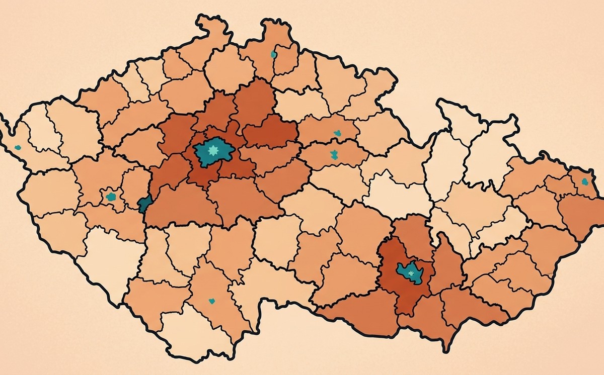 Mapa České republiky s barevně odlišenými okresy podle míry kriminality