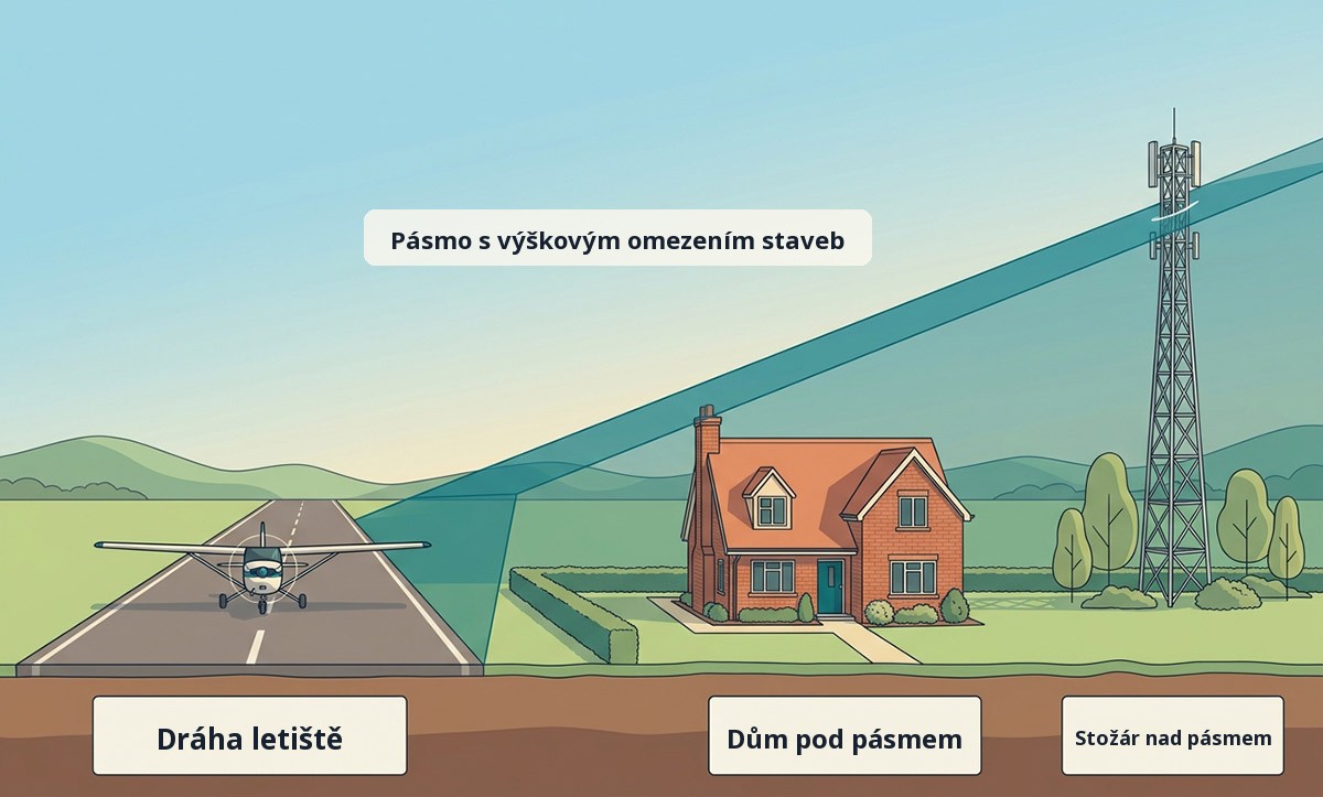 Řez terénem u letiště s plochou výškového omezení staveb nad domem