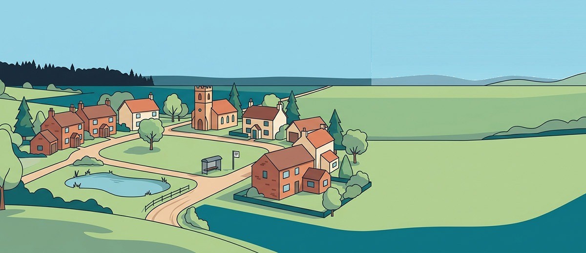 Malá vesnice s návsí, kostelíkem a rybníkem v krajině