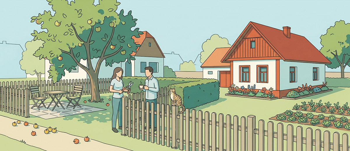 Dva sousedé nad plotem, strom s&nbsp;větvemi přes plot a&nbsp;spadlá jablka na trávníku