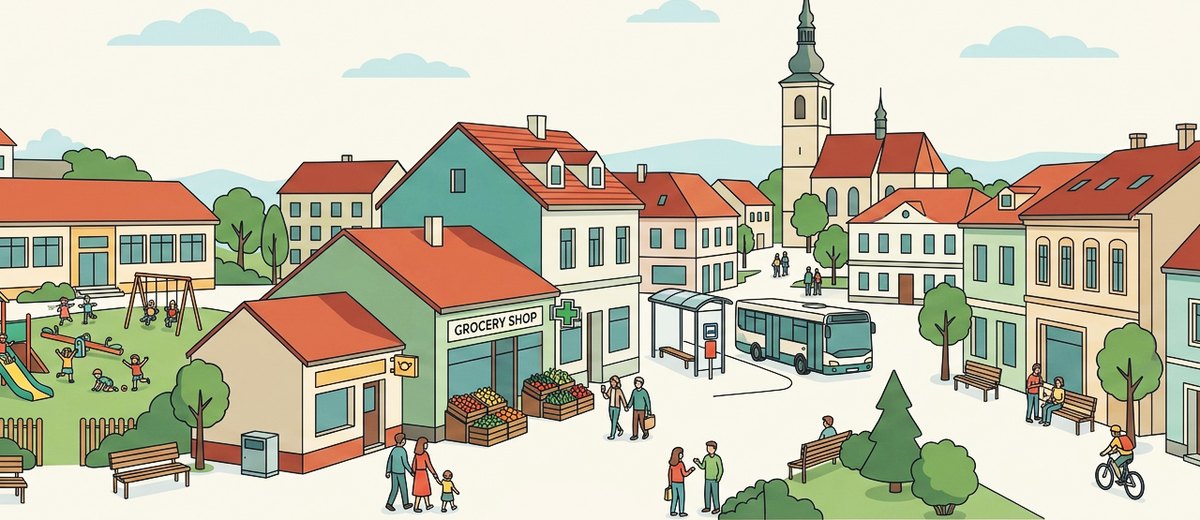 Náměstí malého města se školkou, poštou a lékárnou